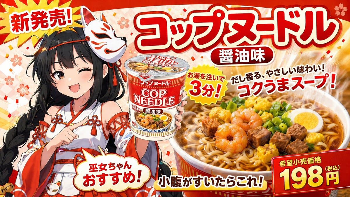 Vibrant Japanese Cup Noodle Ad with Anime Shrine Maiden