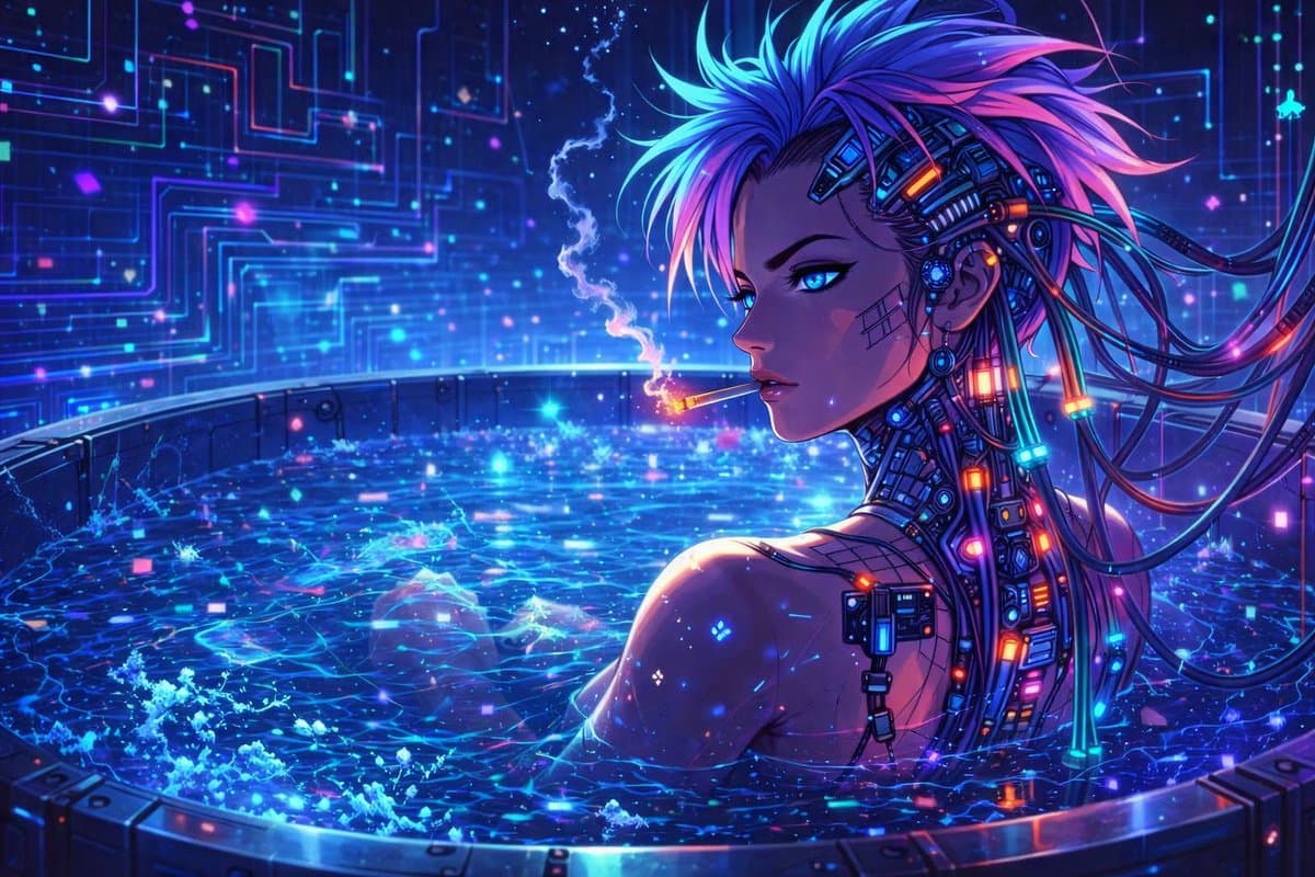 Cyberpunk Anime Girl in Neon Bathtub — Sora 2 Prompt