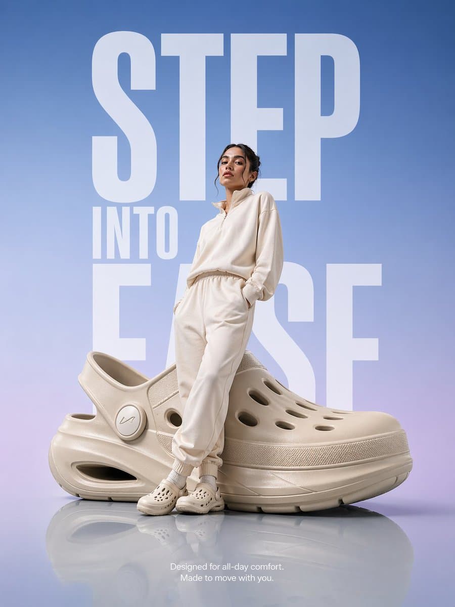 Futuristic Comfort Clogs Ad — Hyperreal 8K Prompt