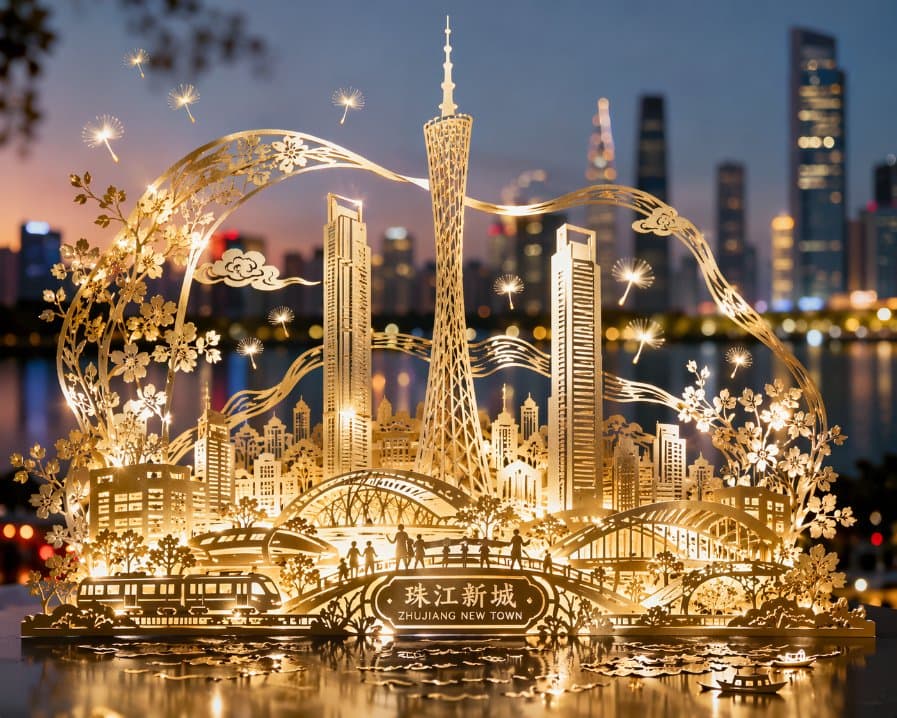 3D Paper-Cut Zhujiang New Town — Sora 2 Prompt
