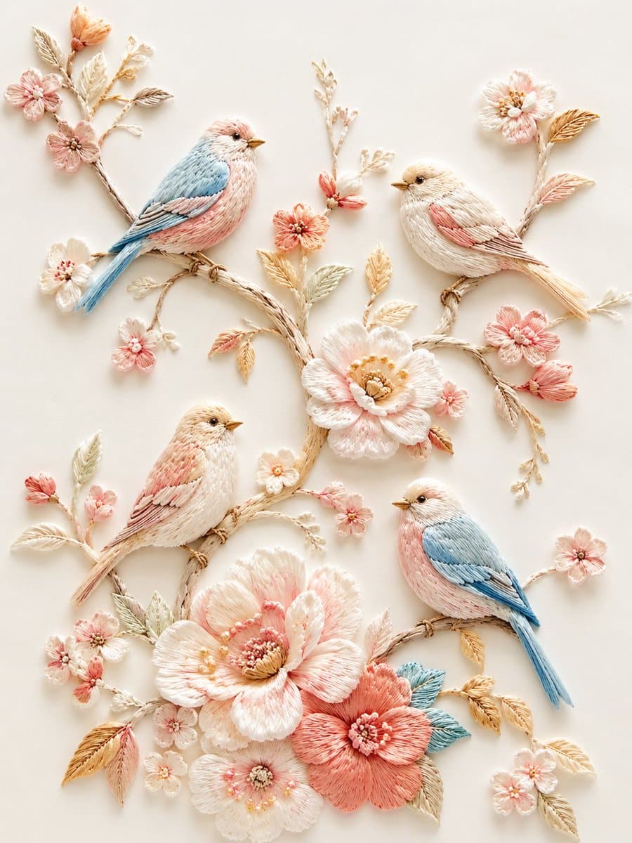 3D Embroidered Bird & Blossom Art — Sora 2 Prompt
