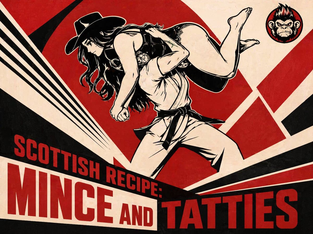 Mince and Tatties Retro Action Poster — Sora 2 Prompt