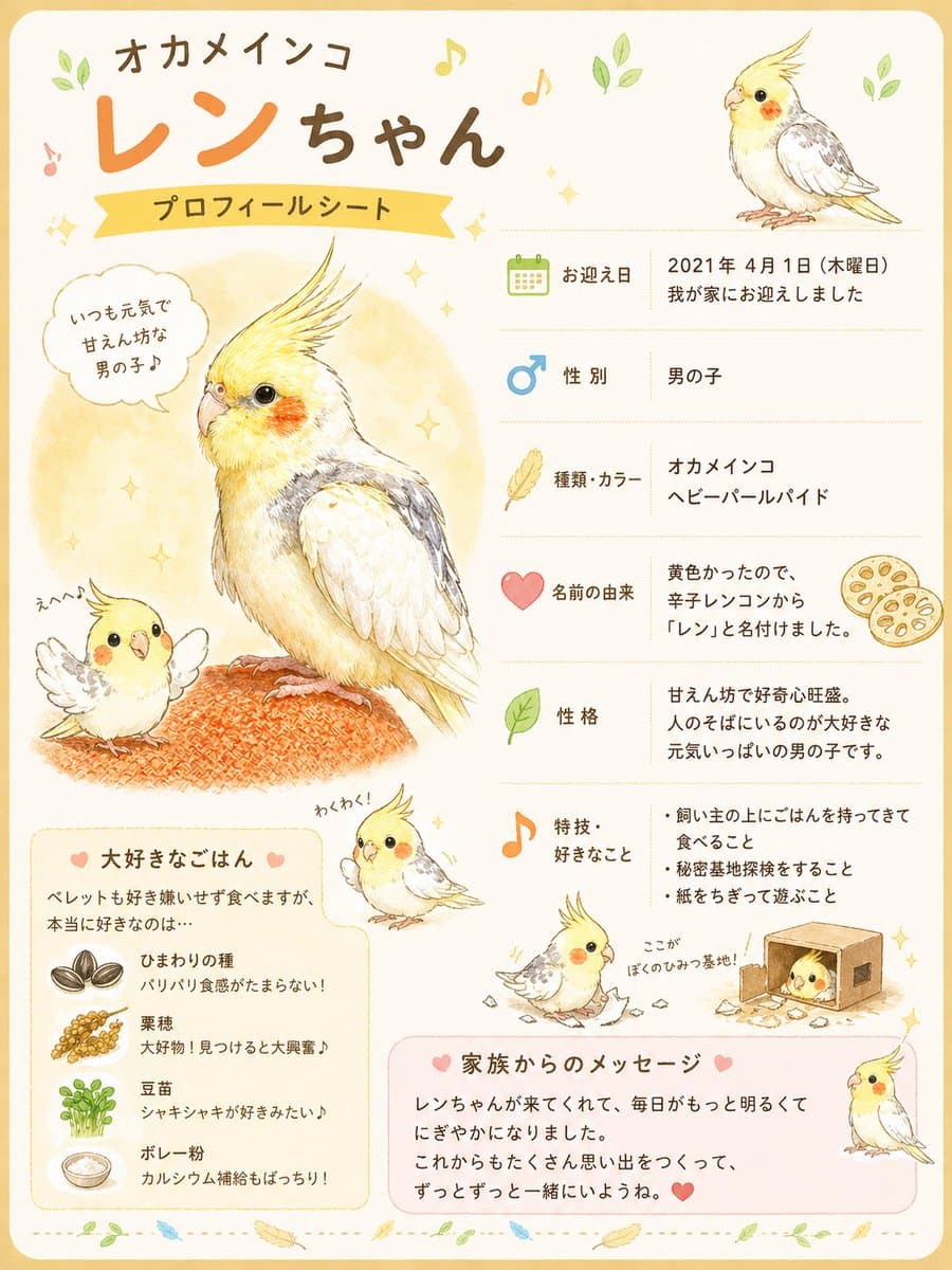 Cockatiel Pet Profile Poster — Cute Sora 2 Prompt