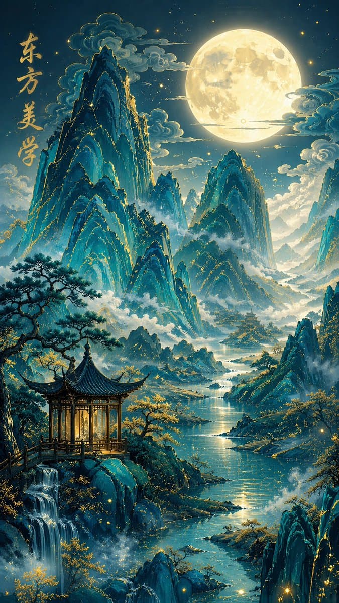 Chinese Blue-Green Landscape: Moonlit Wonderland — Sora 2 Prompt