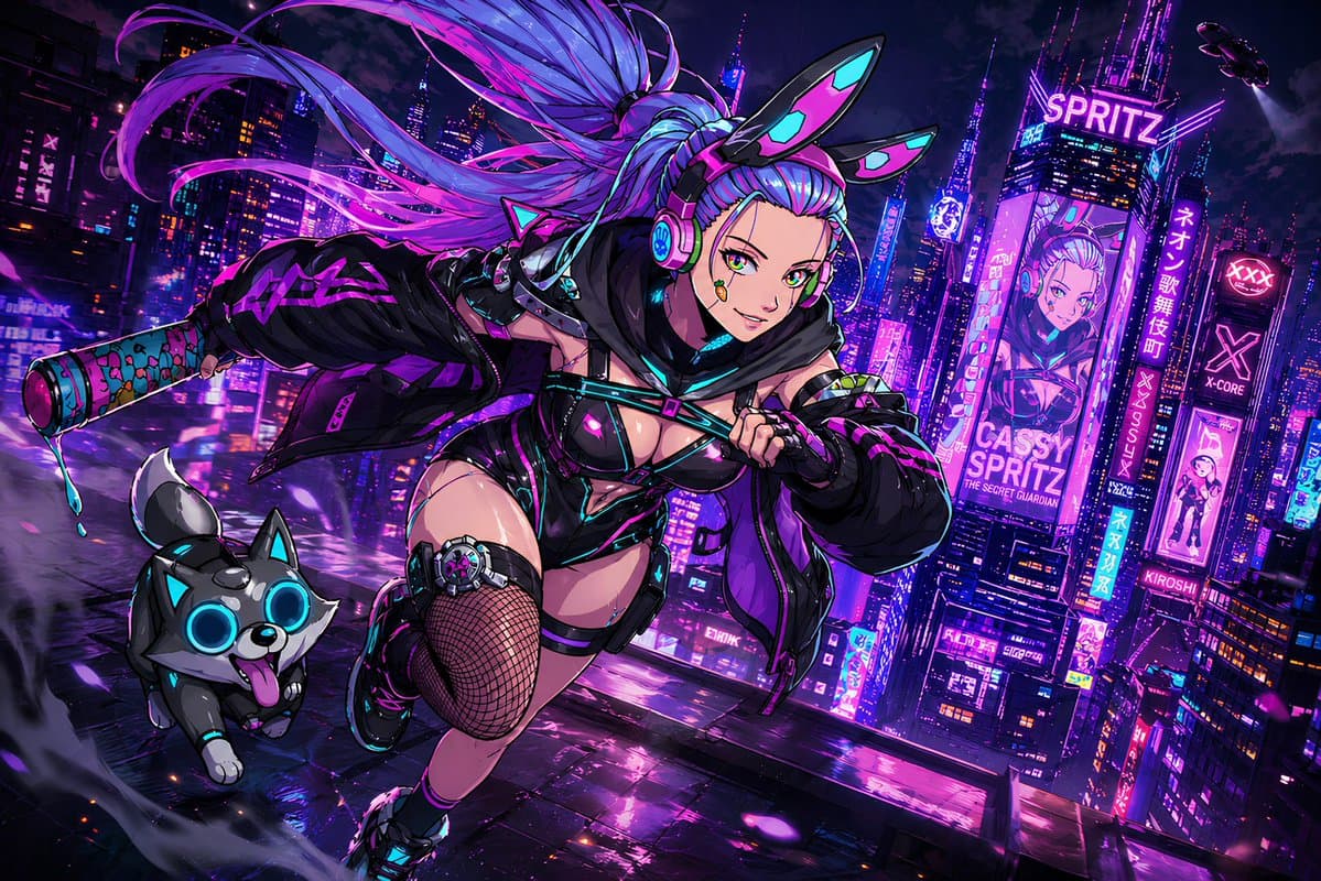 Dynamic Game Title Screen — Character & Pet on Neon City Rooftop