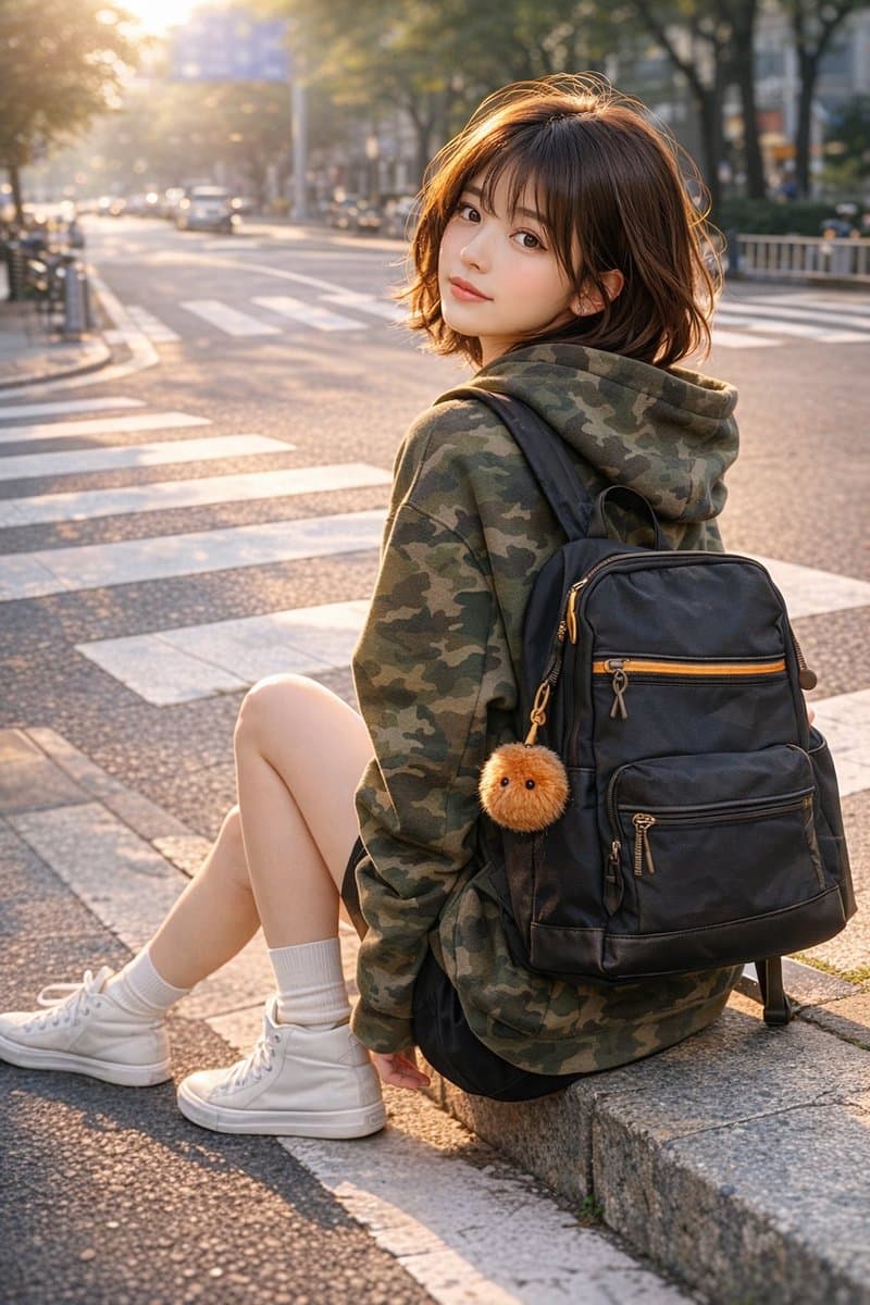 Urban Street Portrait 'Looking Back' Pose — Sora 2 Prompt