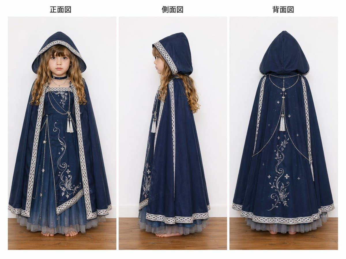 Fantasy Hooded Cape Dress 3-View Reference Prompt