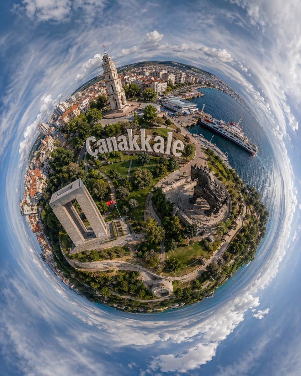 Çanakkale 360° Little Planet Aerial Photo — Sora 2 Prompt