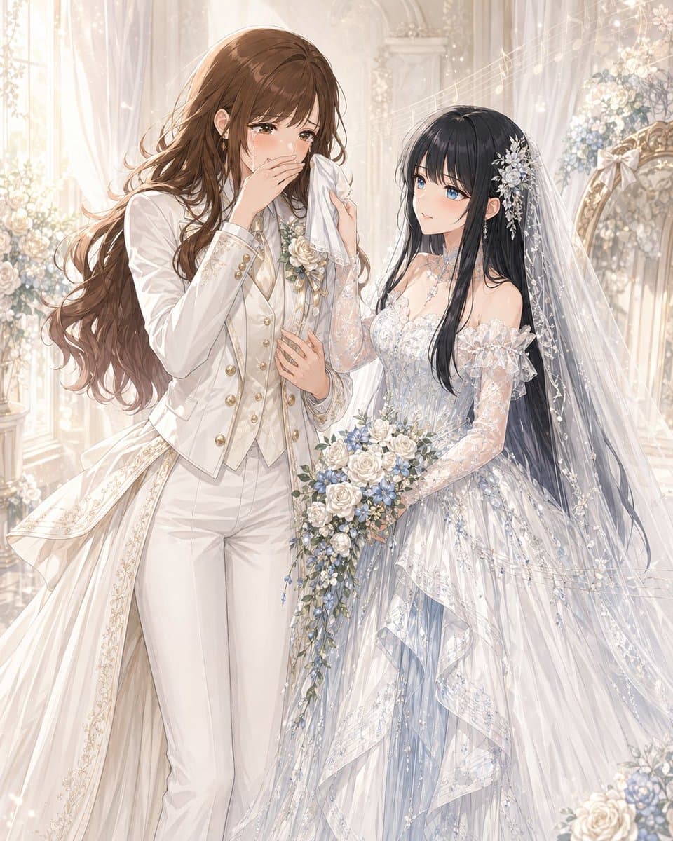 Romantic Yuri Wedding Church Portrait — Anime Style