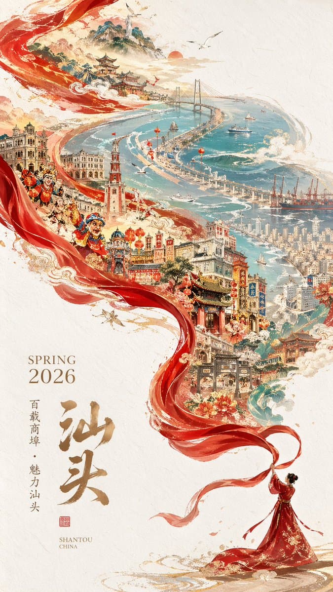 Chinese Cityscape Ribbon Poster — Sora 2 Prompt