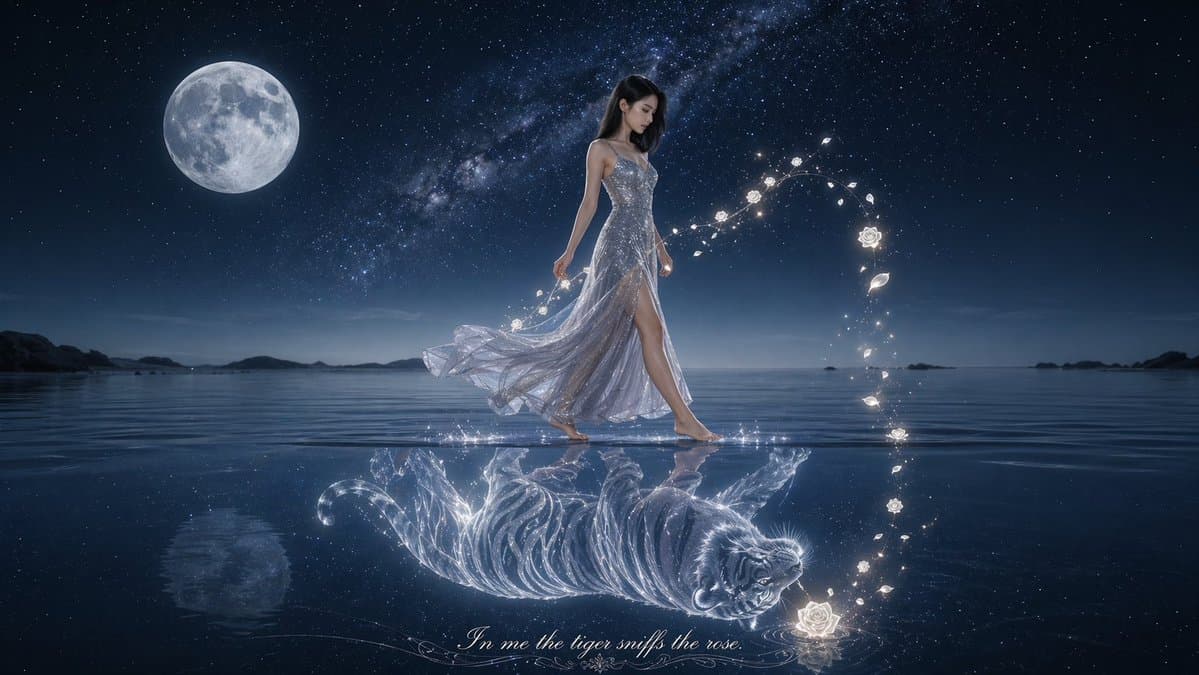 Moonlit Woman & Glowing Tiger Reflection — Sora 2 Prompt