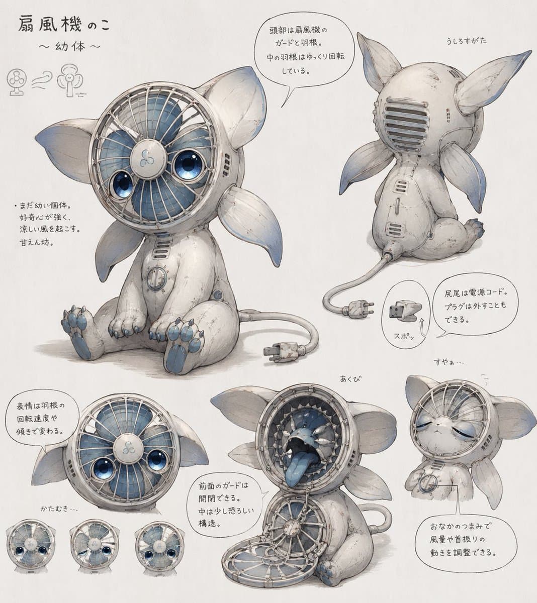 Cute Fan Creature Concept Art — Multi-View Design Sheet