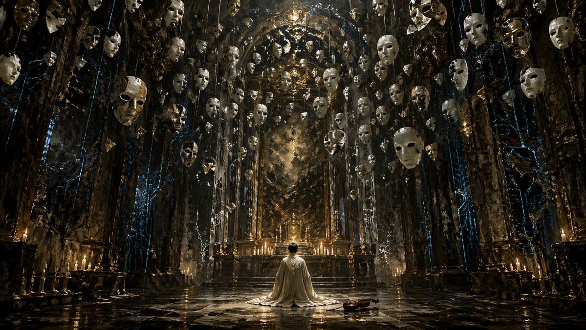 Surreal Gothic Hall with Floating Masks — Sora 2 Prompt