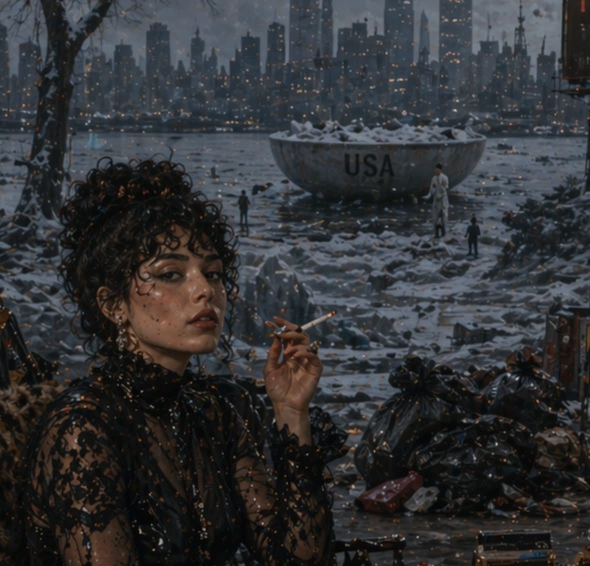 Dystopian Noir Winter Scene — Sora AI Prompt