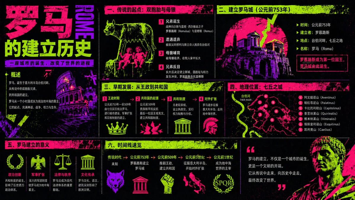 Cyberpunk Neon Rome History Infographic — Sora 2 Prompt