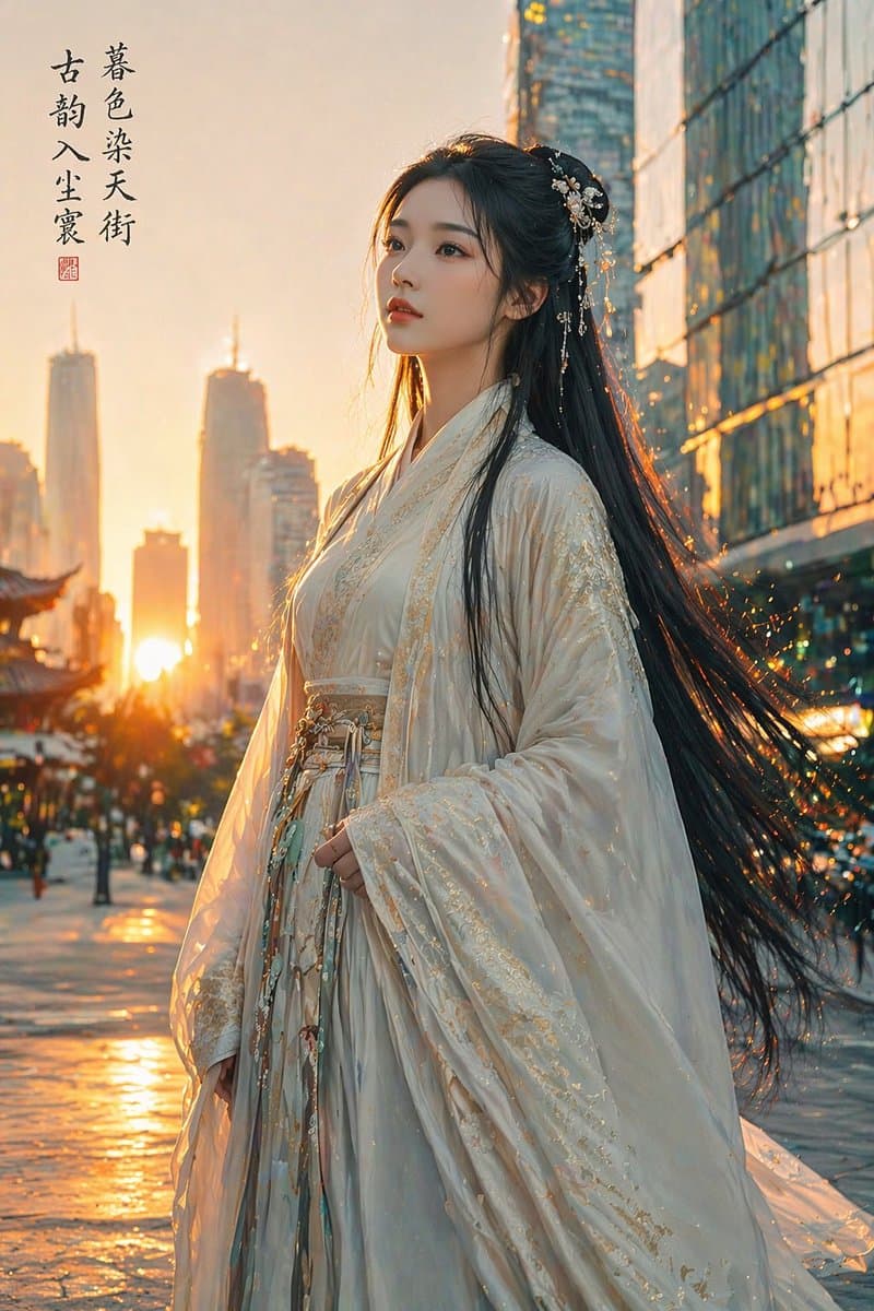 Classical Chinese Beauty in Modern City Sunset — Sora 2 Prompt