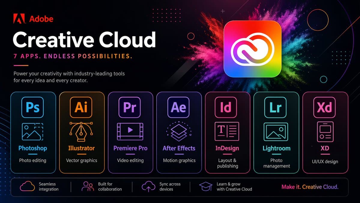 Futuristic Neon Adobe Creative Cloud Banner — Sora 2 Prompt