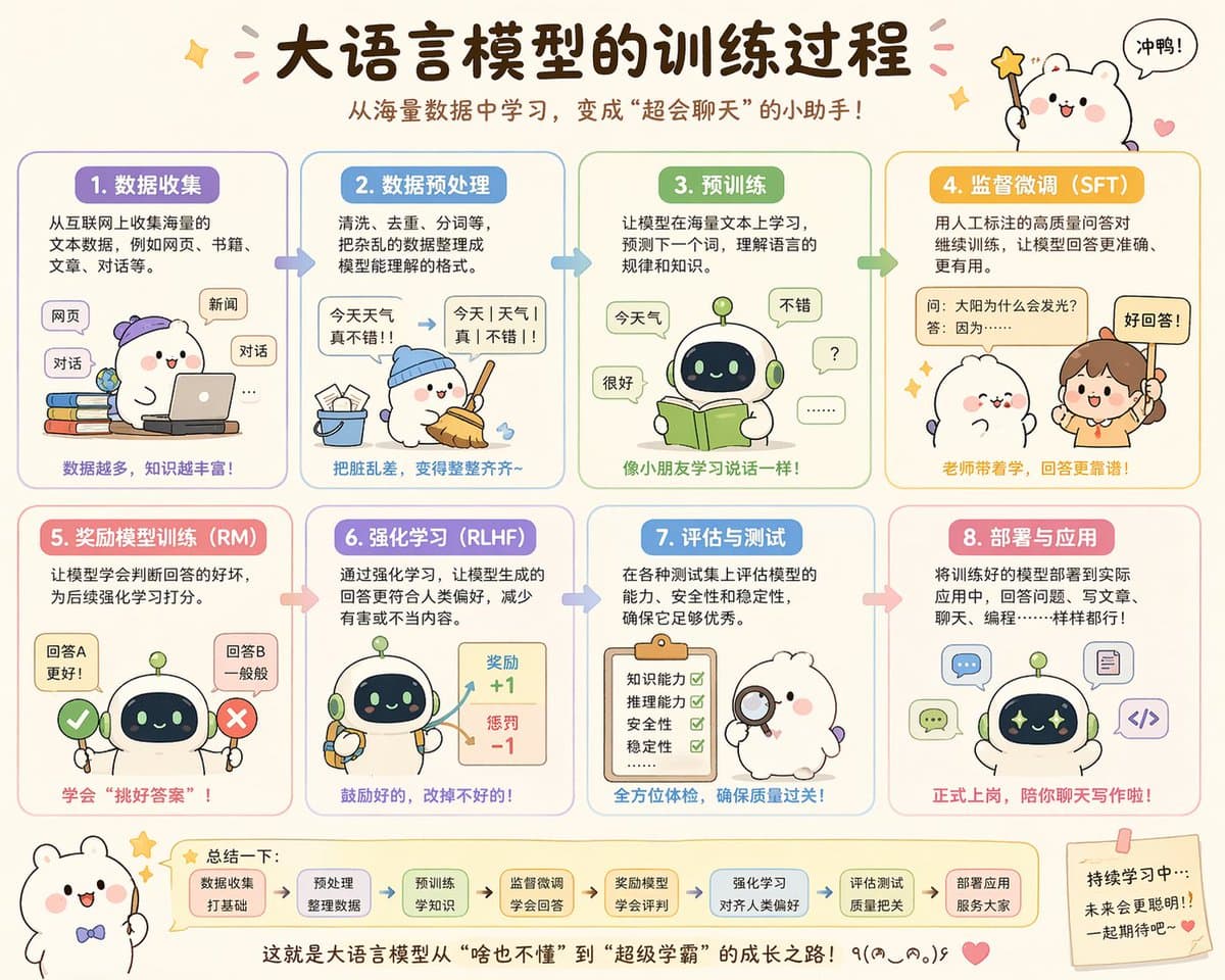 Cute LLM Training Process Poster — Sora 2 Prompt