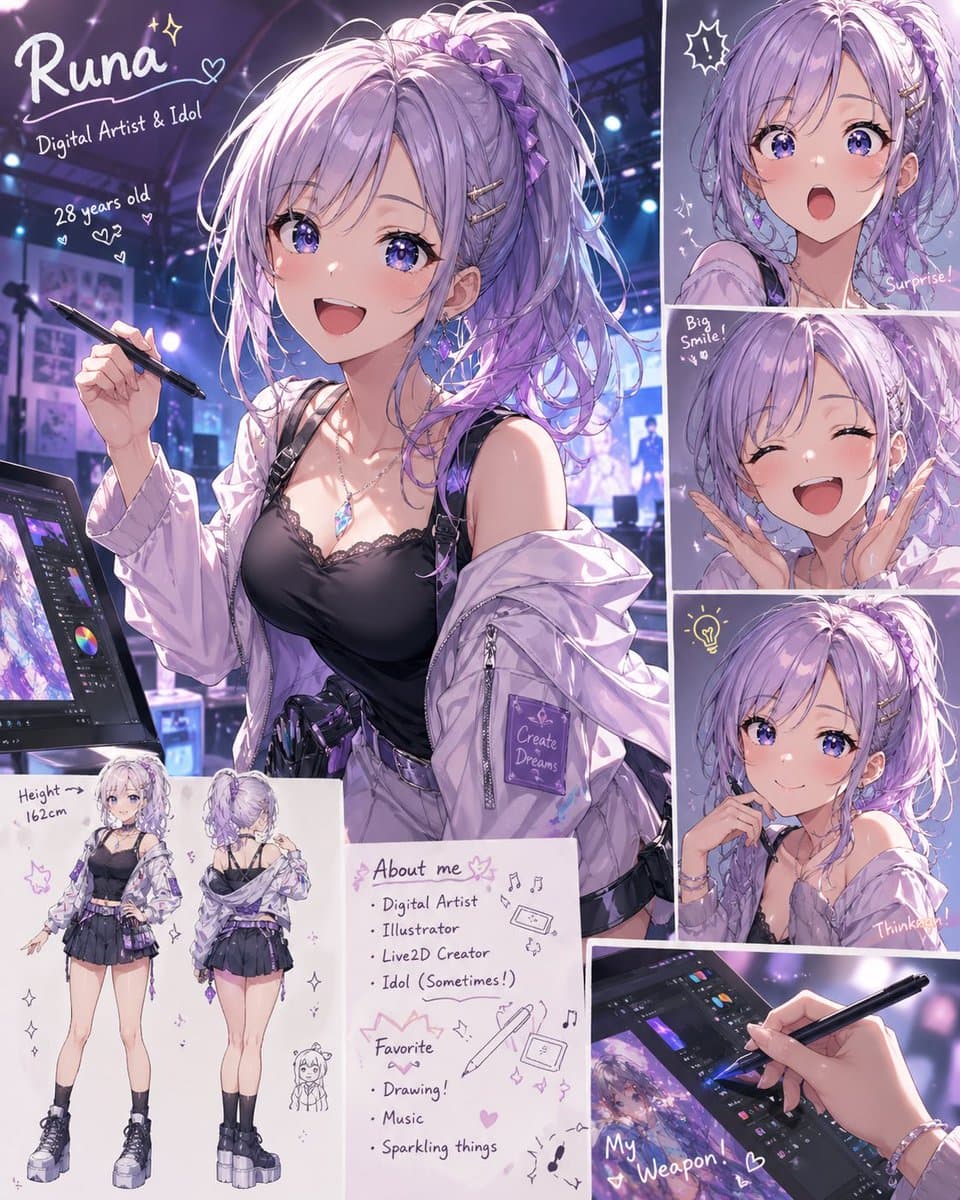 Anime Idol Profile Page — Lavender Art Style Prompt