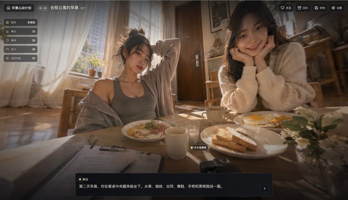 Cinematic Breakfast Scene — Visual Novel Game UI Prompt