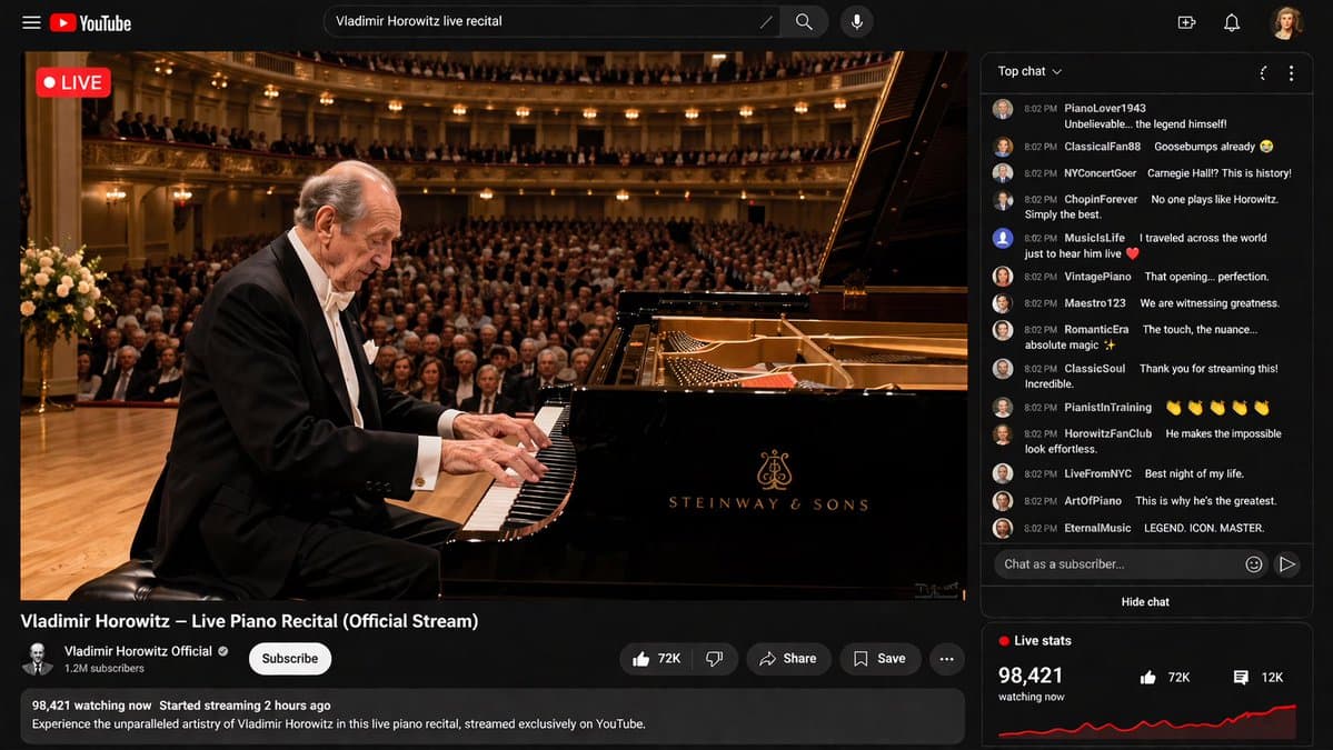 Vladimir Horowitz YouTube Live Piano Recital — Sora 2 Prompt