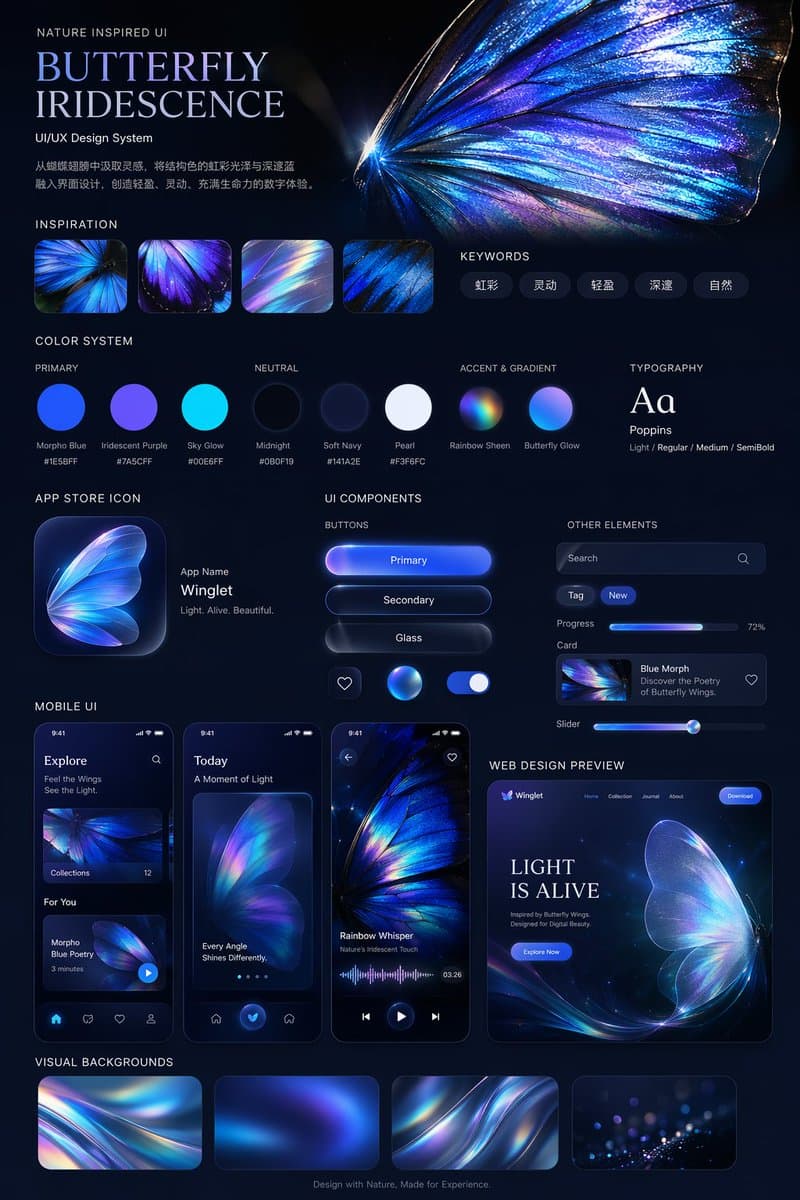 Iridescent Butterfly UI Design System — Dark Mode