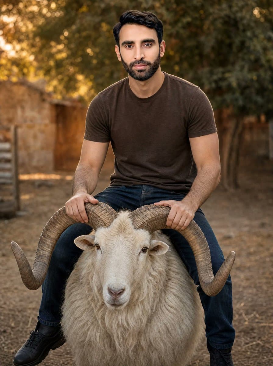 Man Riding White Ram — Cinematic Portrait Prompt