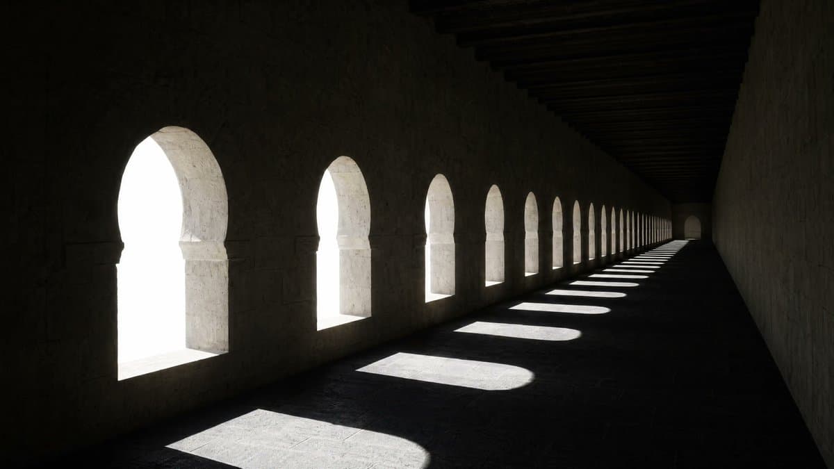 Medieval Stone Corridor with 14 Arched Windows — Sora 2 Prompt