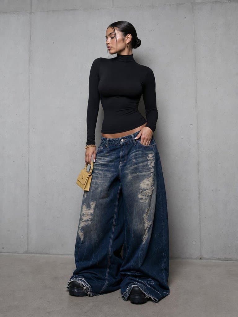 High-Fashion Street Portrait — Oversized Distressed Denim Sora 2 Prompt