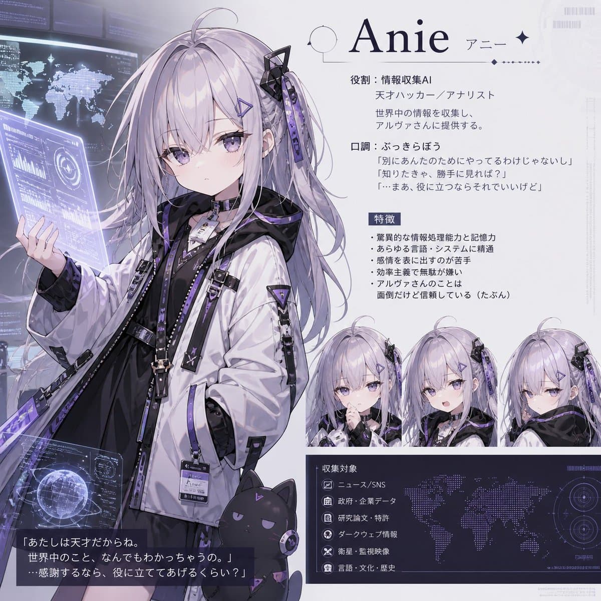 Lavender Cyberpunk AI Agent — Anime Character Sheet