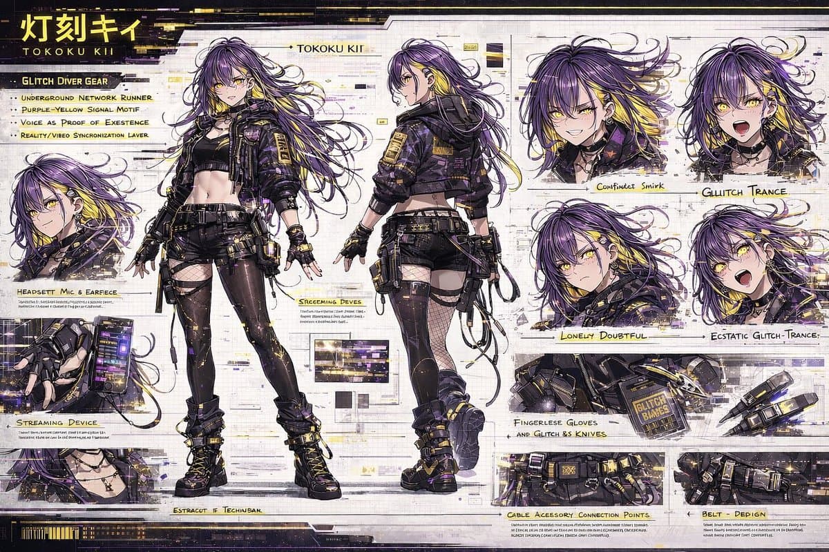 Cyberpunk Glitch Diver Character Sheet — AI Prompt