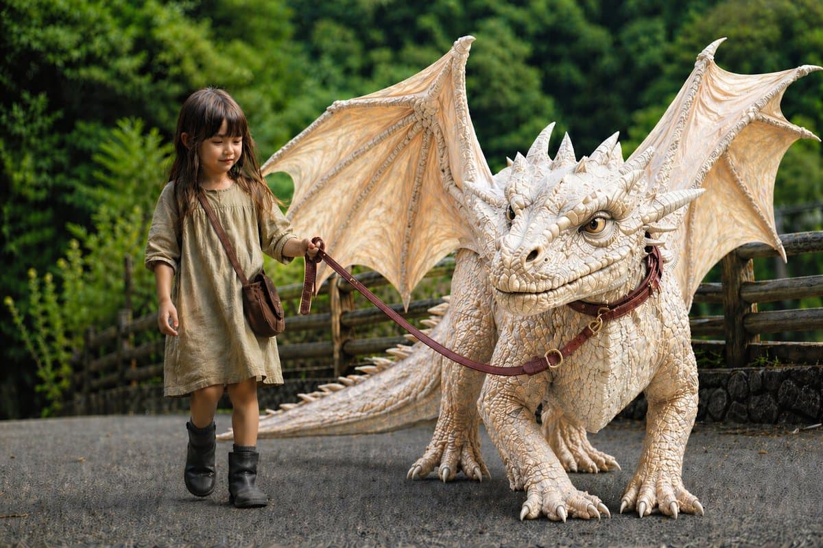 Girl with Giant Cream Dragon — Photorealistic Sora 2 Prompt