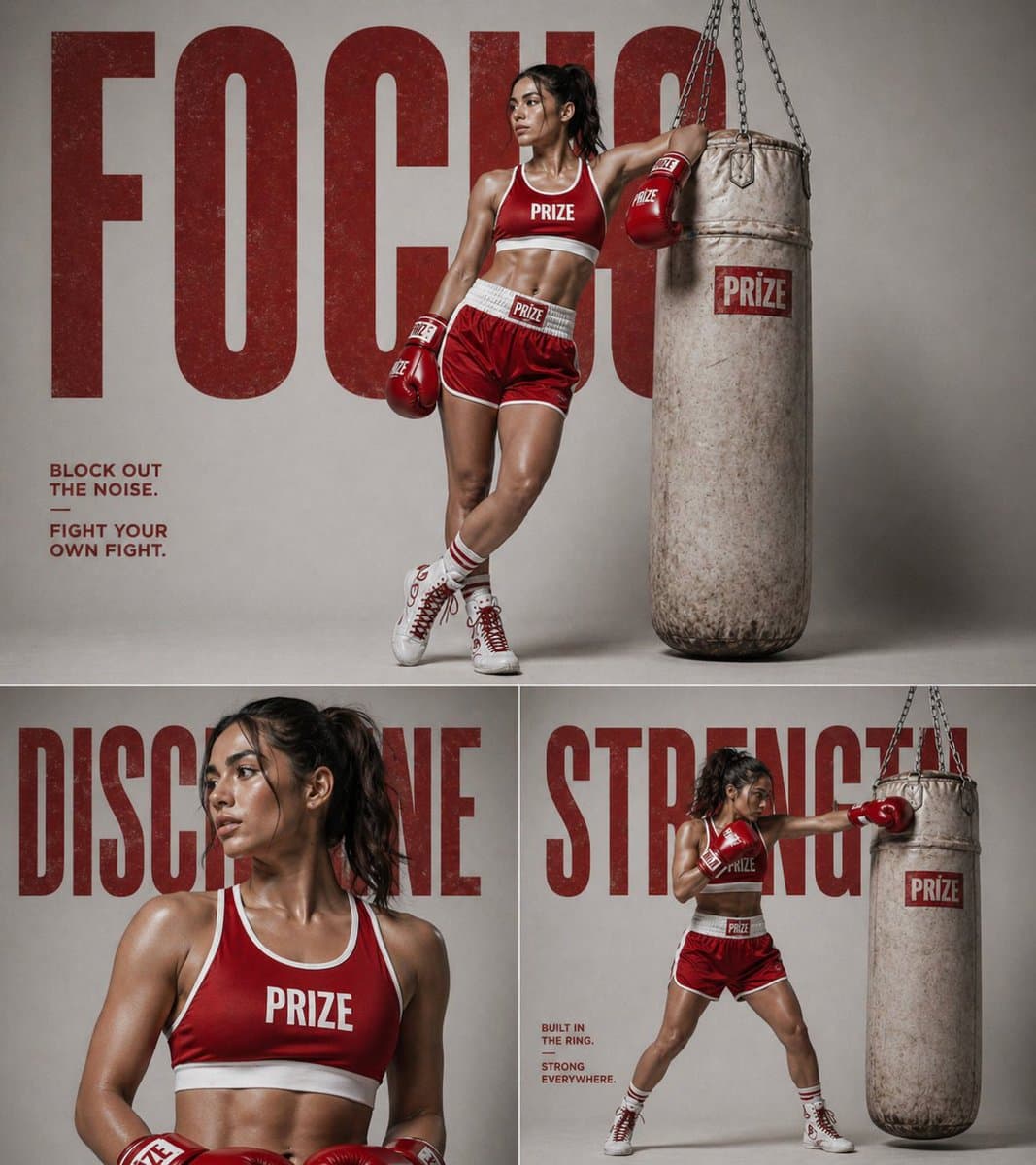 Affiche Triptyque Fitness Boxing — Boxeuse Audacieuse Sora 2