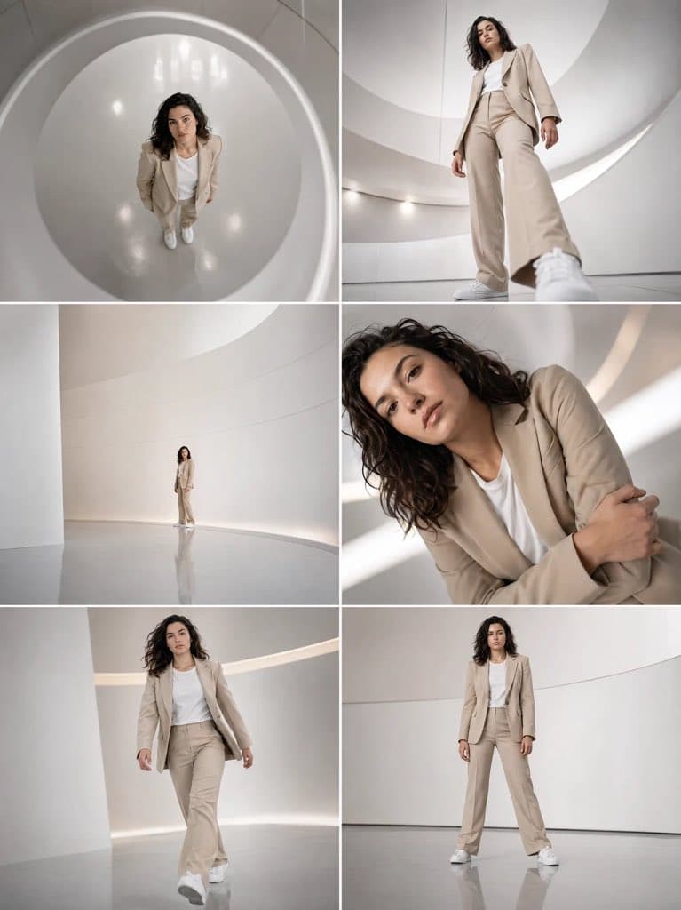 Collage di Moda Minimalista — Completo Beige in Atrio Futuri