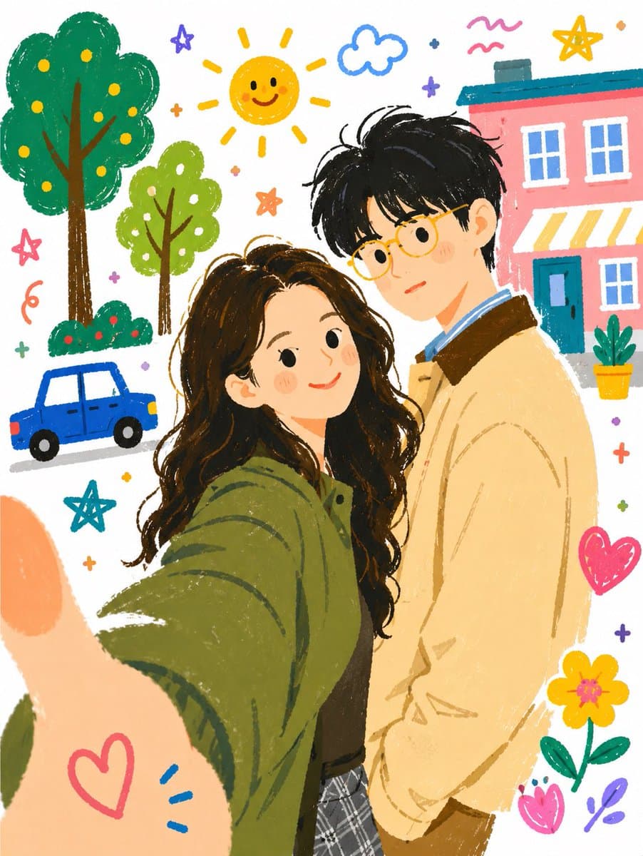 Warm Couple Selfie Doodle — Sora 2 Prompt