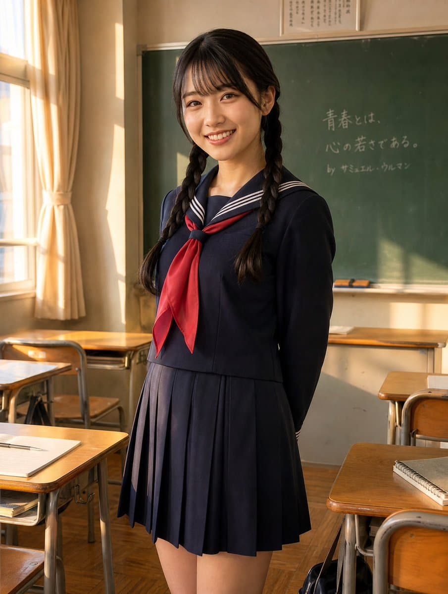 Sunlit Japanese Classroom Sailor Uniform Portrait — Sora 2 Prompt