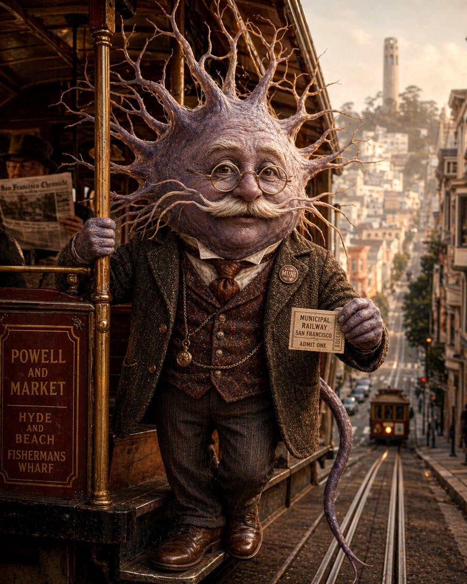 Anthropomorphic Neuron on SF Cable Car — Whimsical Sora 2 Prompt