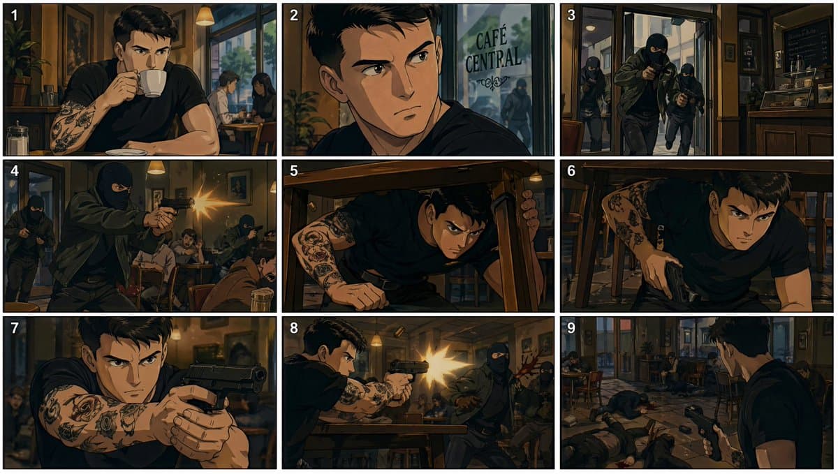 90s Anime Café Shootout Storyboard Prompt