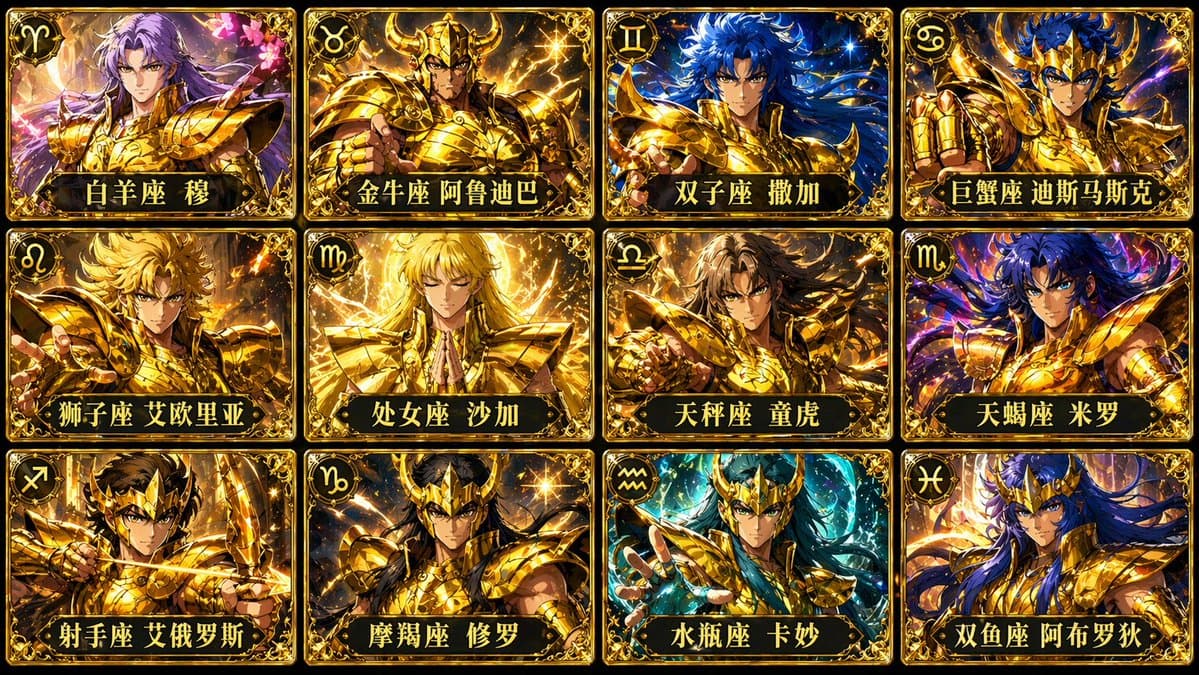 Saint Seiya 12 Golden Saints Card Grid — Sora 2 Prompt