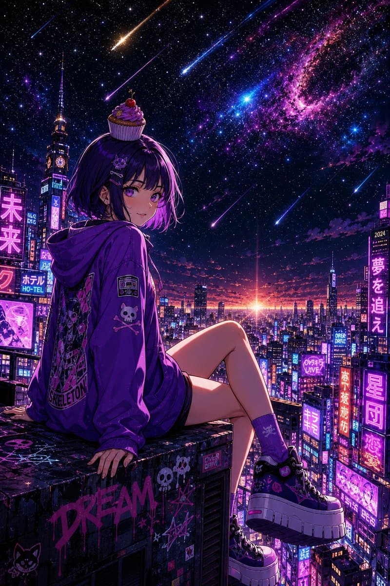 Cyberpunk Anime Rooftop Girl — Sora 2 Prompt