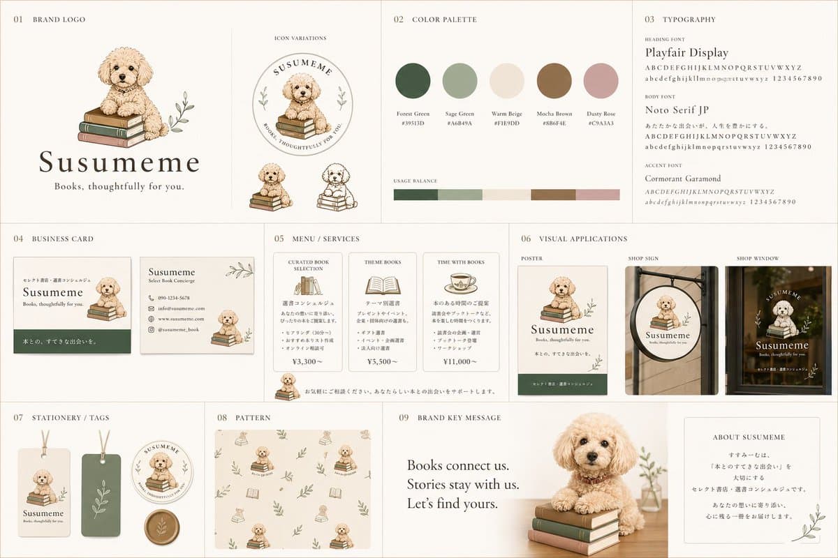 Poodle Bookstore Brandidentität – Japanisches Styleboard