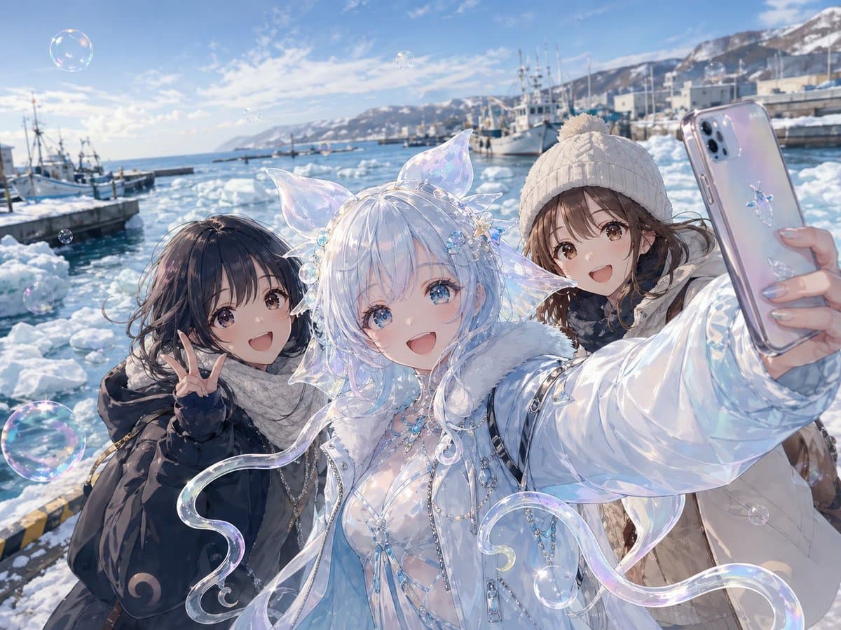 Shiretoko Winter Seaport Selfie with Sea Angel — Anime Art Prompt
