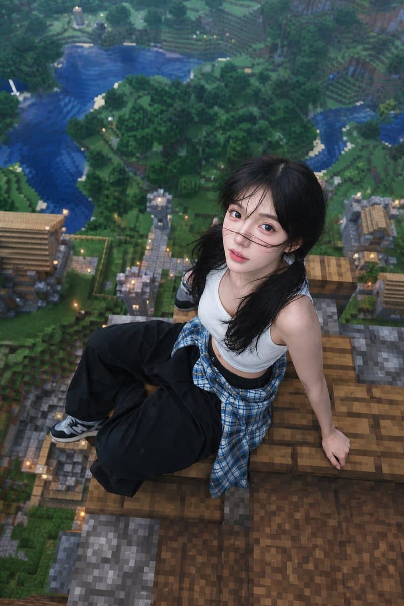 Minecraft Rooftop Portrait — Realistic Drone View