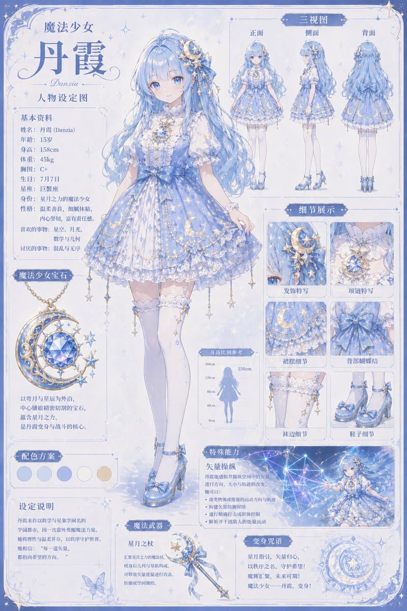 星空魔法少女角色设计图——动漫设计提示词