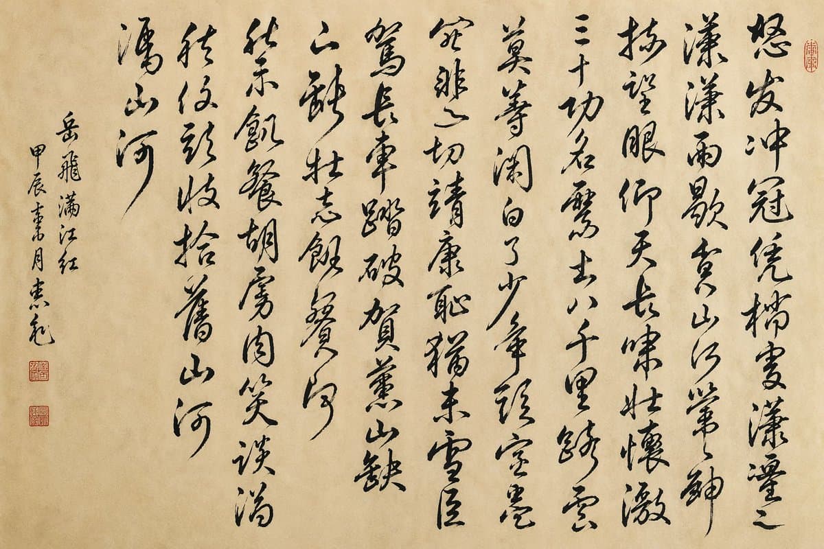 Chinese Grass-Script Calligraphy Scroll — Yue Fei Poem Prompt