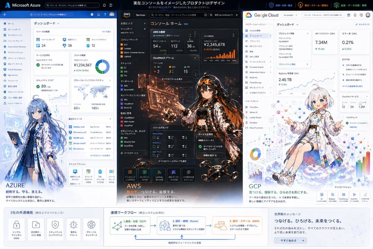 Azure AWS GCP Cloud UI Anime Infographic — Sora 2 Prompt