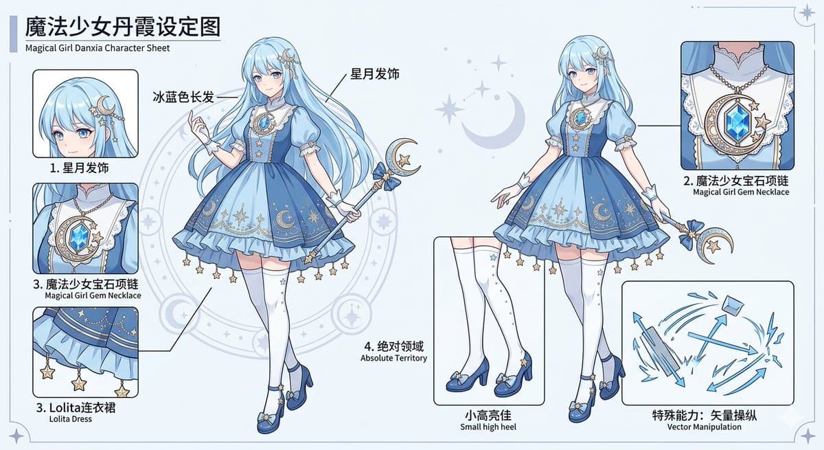 动漫魔法少女角色设定图 — Sora 2 提示词