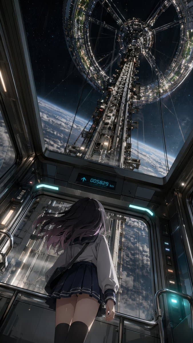 Anime Girl in Space Elevator — Dramatic Sci-Fi Illustration