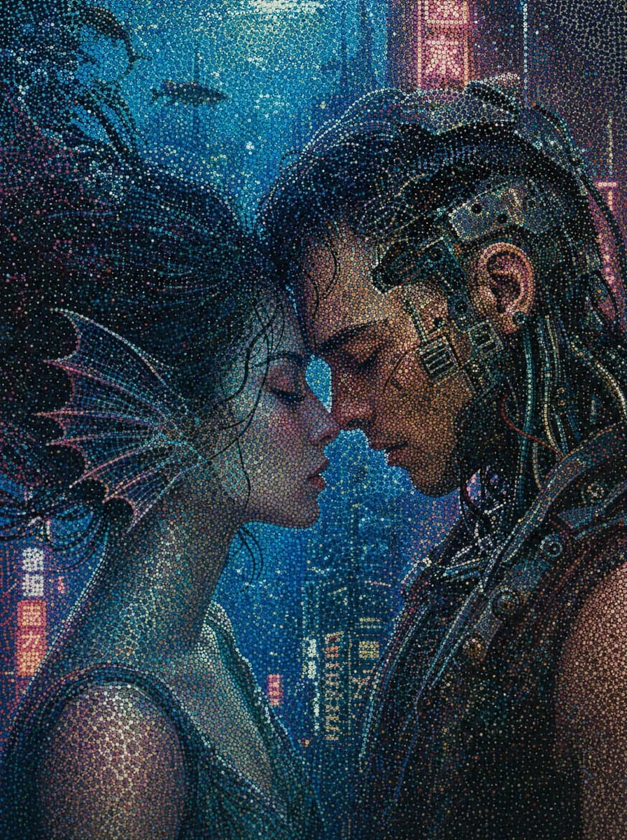 Cyberpunk Dot-Matrix-Porträt — Neon-Kuss
