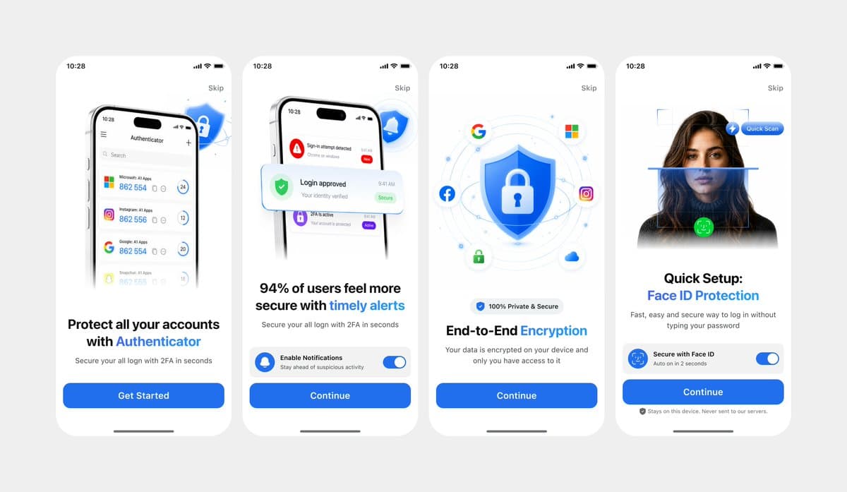 Authenticator Onboarding UI — 4-Screen Clean Model